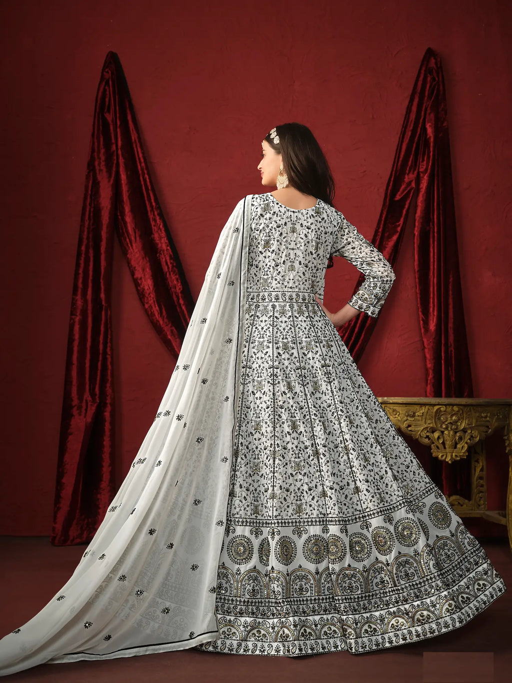 White Georgette Thread & Sequence Embroidery Work Gown