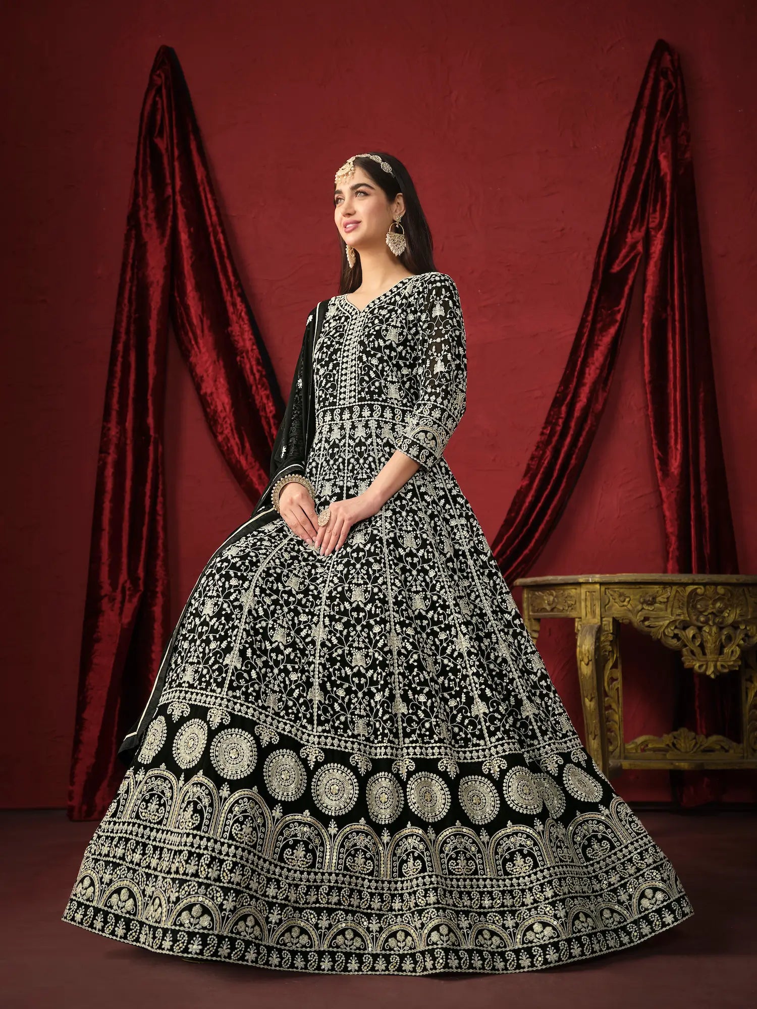 Black Georgette Thread & Sequence Embroidery Work Gown