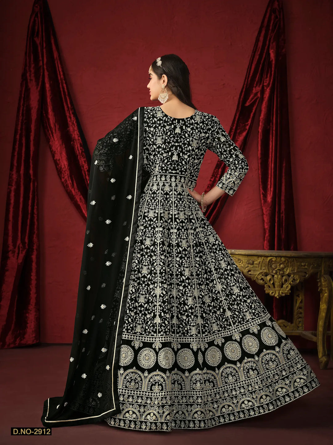 Black Georgette Thread & Sequence Embroidery Work Gown - qivii
