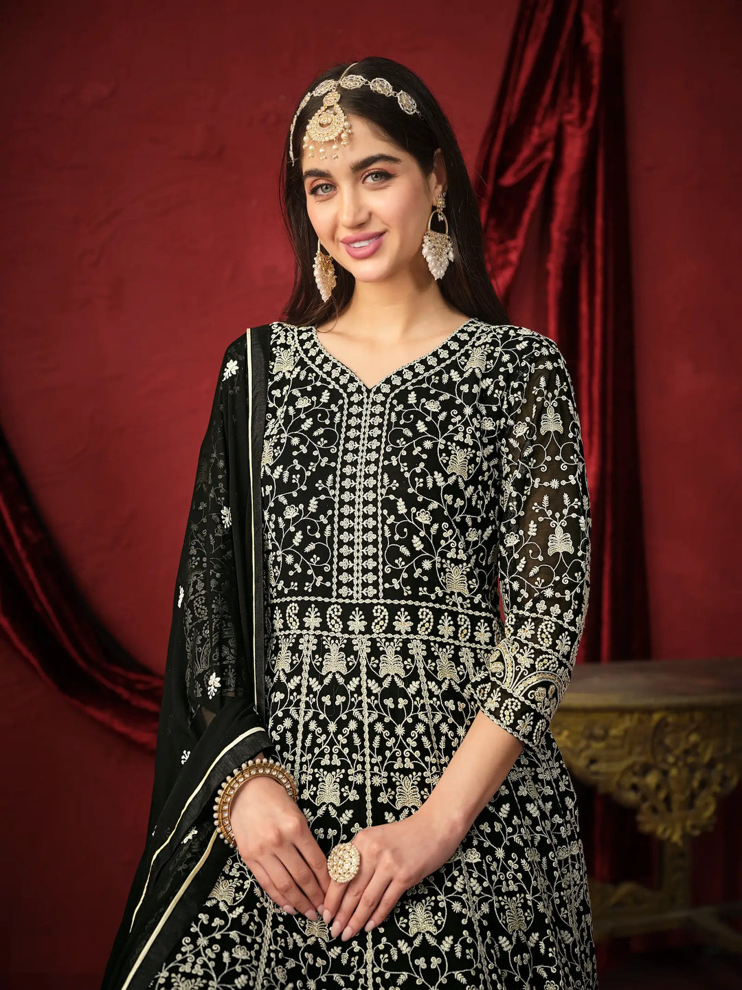 Black Georgette Thread & Sequence Embroidery Work Gown - qivii