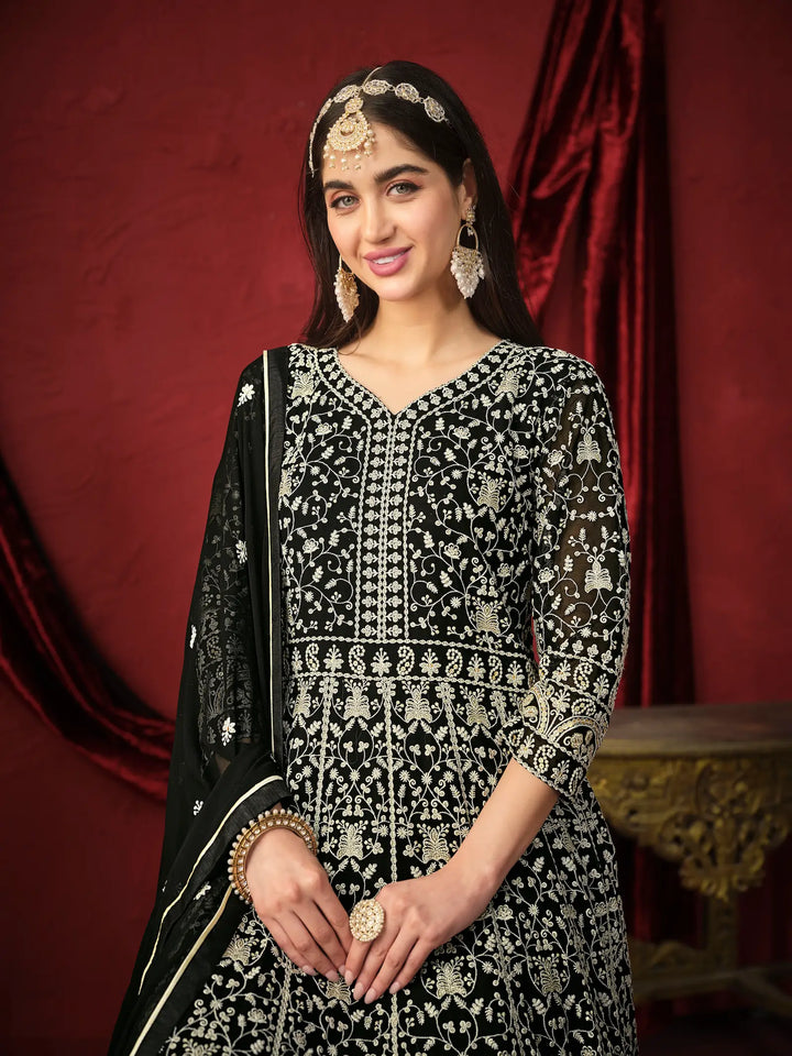 Black Georgette Thread & Sequence Embroidery Work Gown - qivii