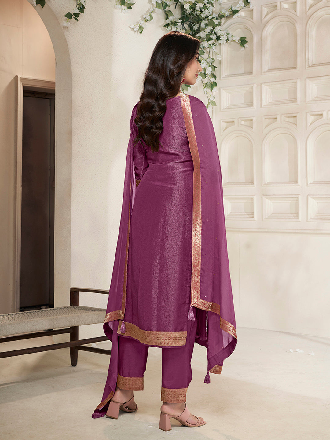 Purple Tissue Jacquard weave Kurta Suit Set - qivii