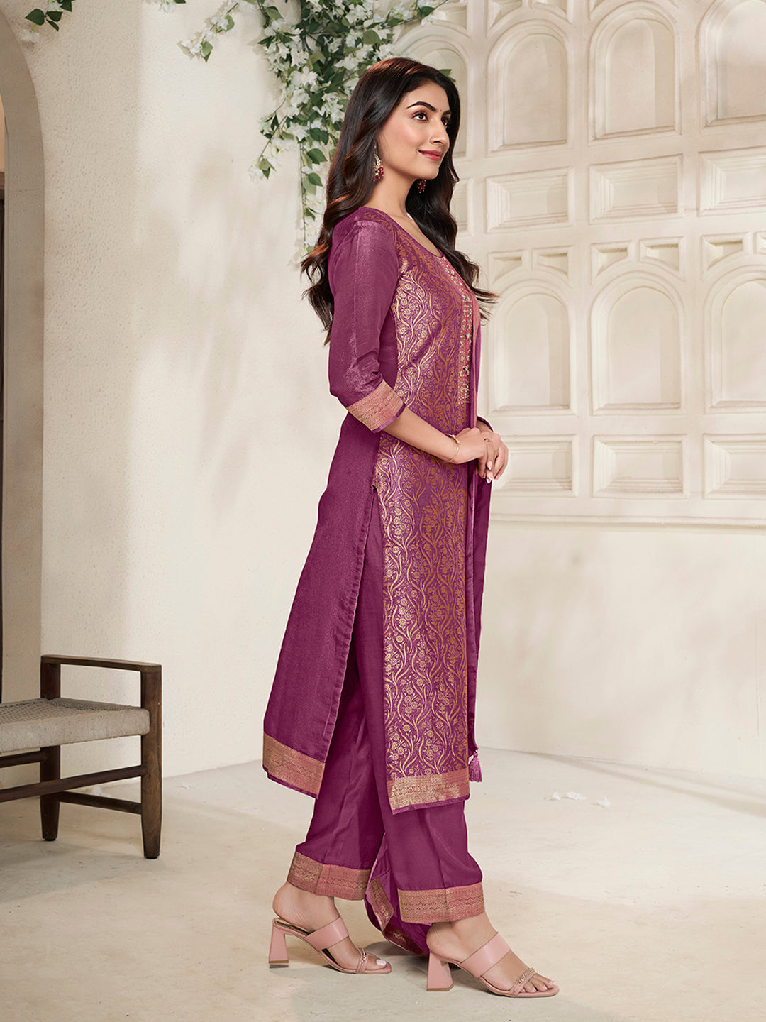 Purple Tissue Jacquard weave Kurta Suit Set - qivii