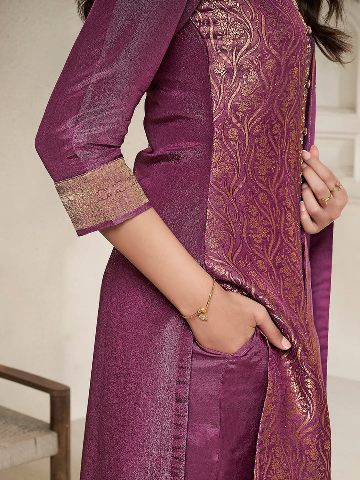 Purple Tissue Jacquard weave Kurta Suit Set - qivii