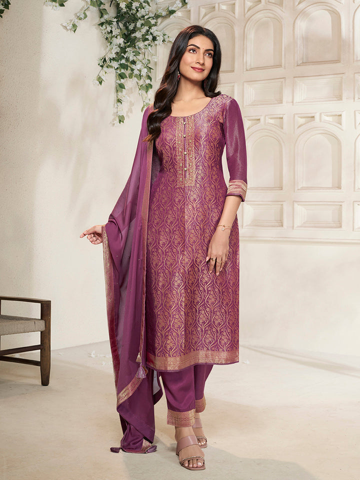 Purple Tissue Jacquard weave Kurta Suit Set - qivii