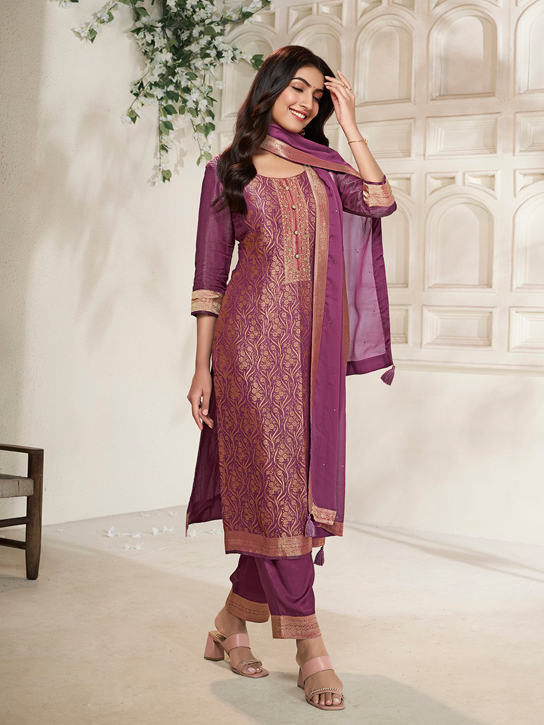 Purple Tissue Jacquard weave Kurta Suit Set - qivii