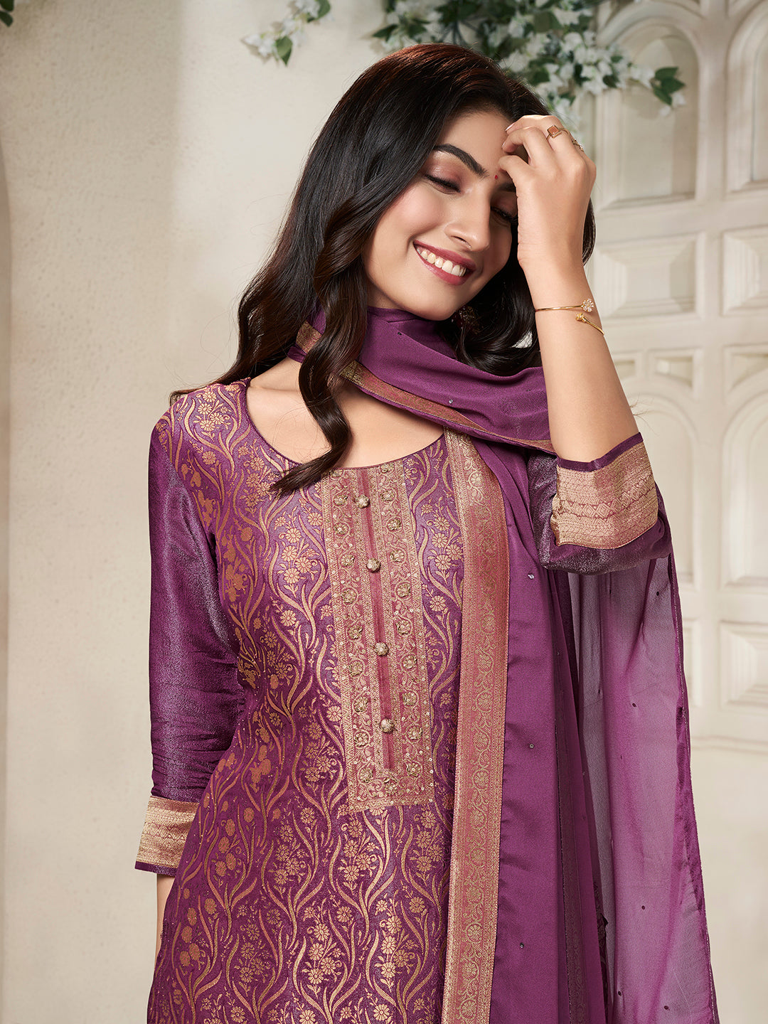 Purple Tissue Jacquard weave Kurta Suit Set - qivii