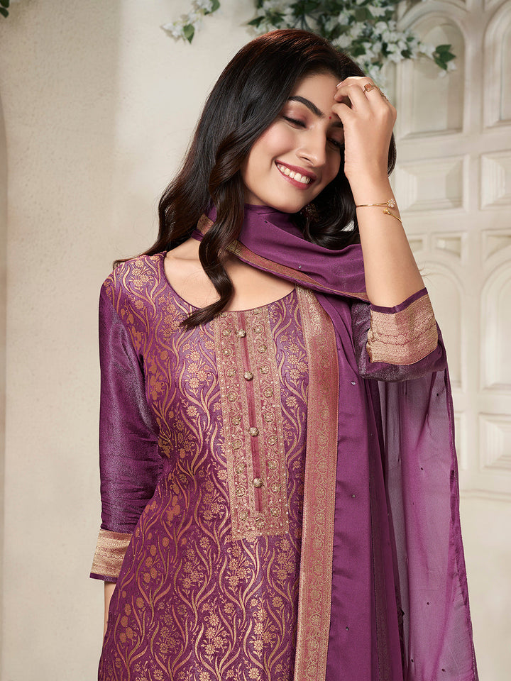 Purple Tissue Jacquard weave Kurta Suit Set - qivii