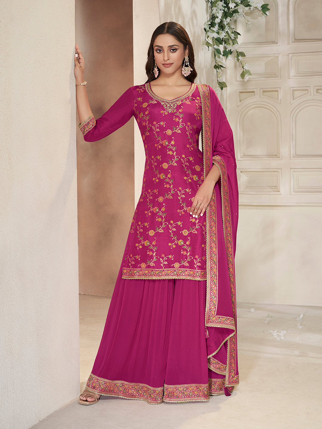 Pink Dola Silk Sharara Suit Set with Floral Meena Jacquard Work - qivii
