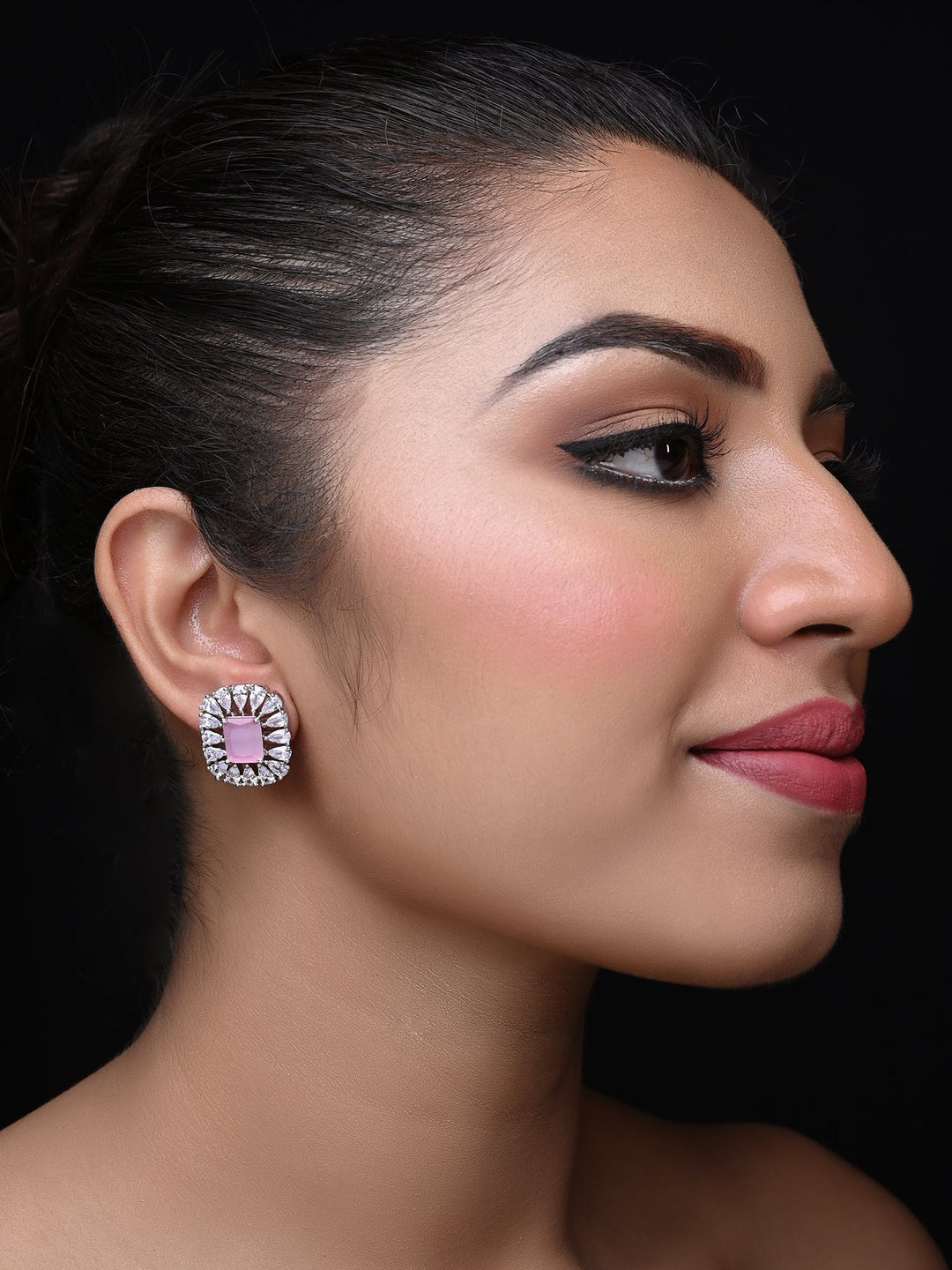 Ramani American Diamond Baby Pink Tops studs with semi precious aqua stone and silver plated brass metal 