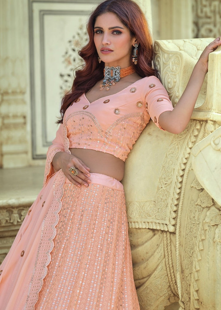 Salmon Pink Georgette Lehenga Choli with Sequins & Thread work | Ready To Wear - qivii