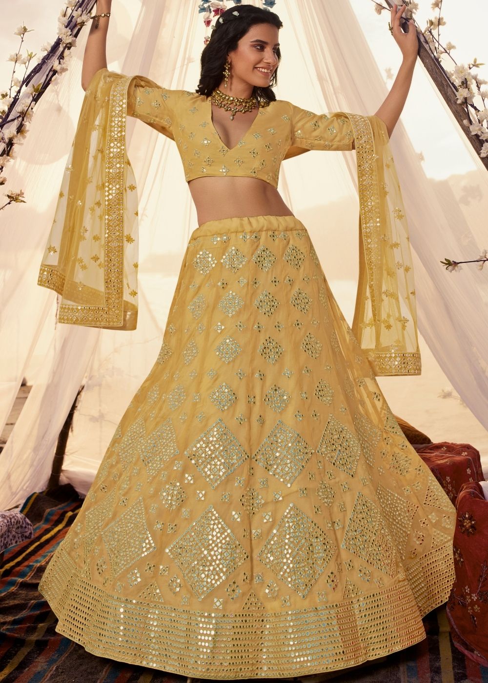 Canary Yellow Organza Lehenga Choli with Thread, Foli and Mirror work (Pre-Order) | Ready To Wear - qivii