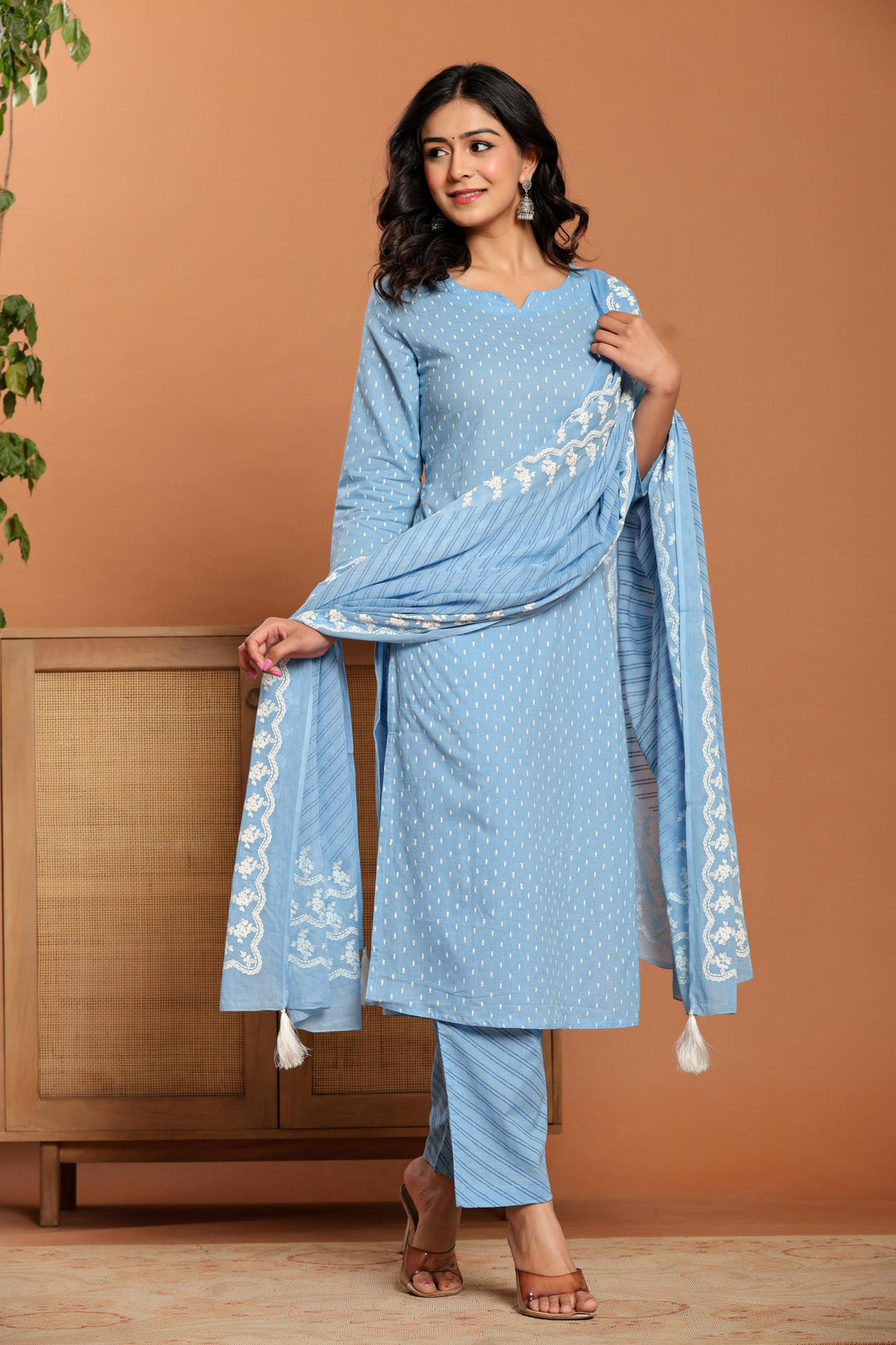 Sky Blue Printed Cotton Kurta Set - qivii
