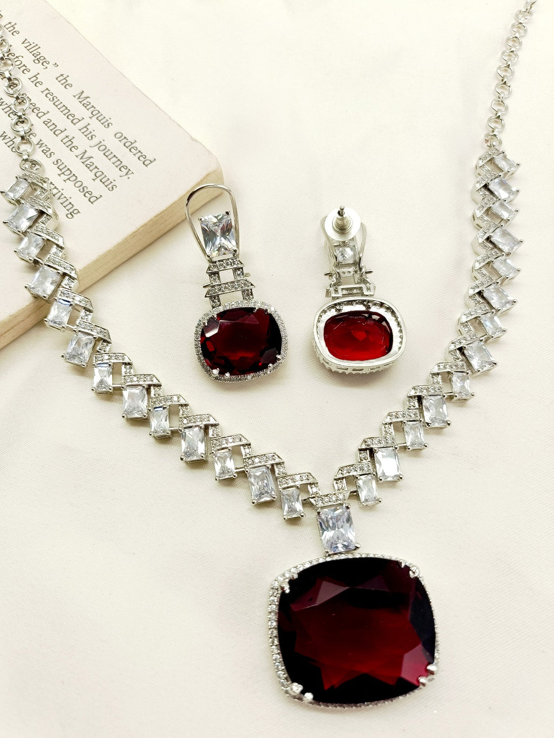 Trishna Maroon American Diamond Necklace Set - qivii