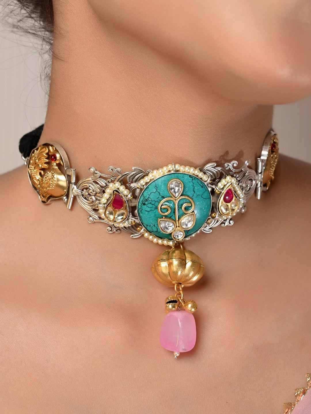 Dwij Firozi Boutique Choker: Handcrafted turquoise choker necklace with intricate detailing