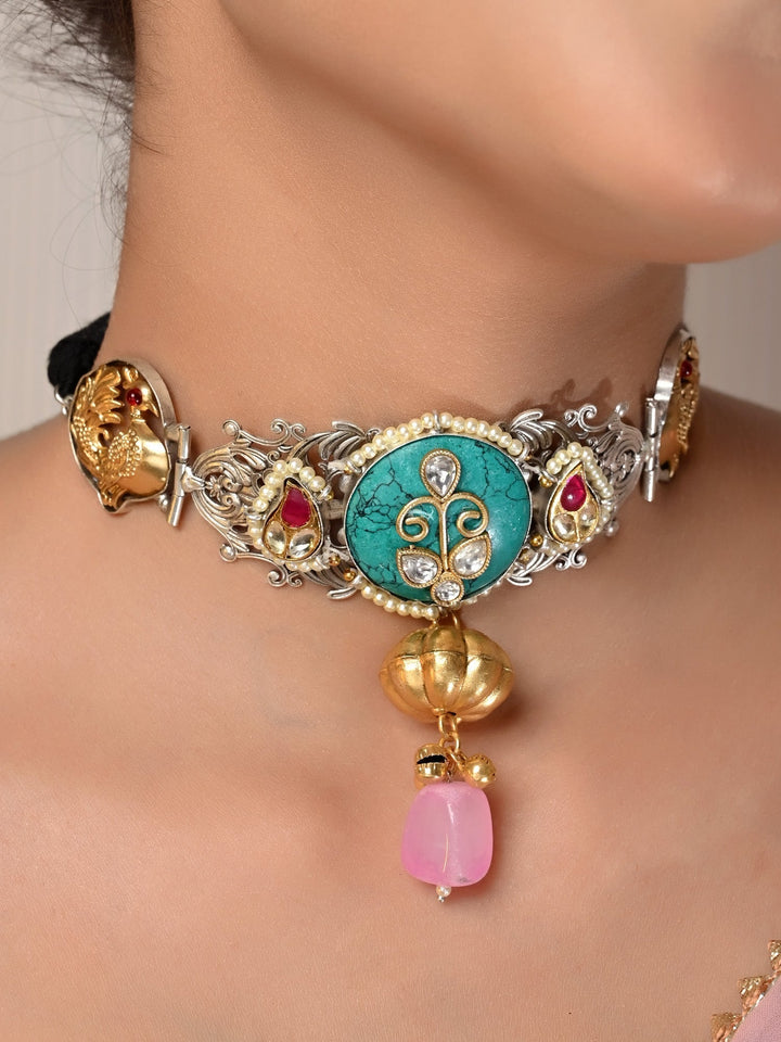 Dwij Firozi Boutique Choker: Handcrafted turquoise choker necklace with intricate detailing