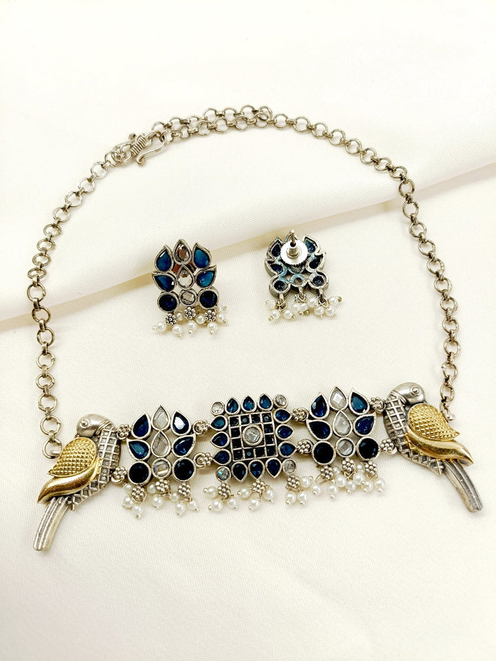 Graciya Navy Blue Peacock Oxidized Choker Set - qivii
