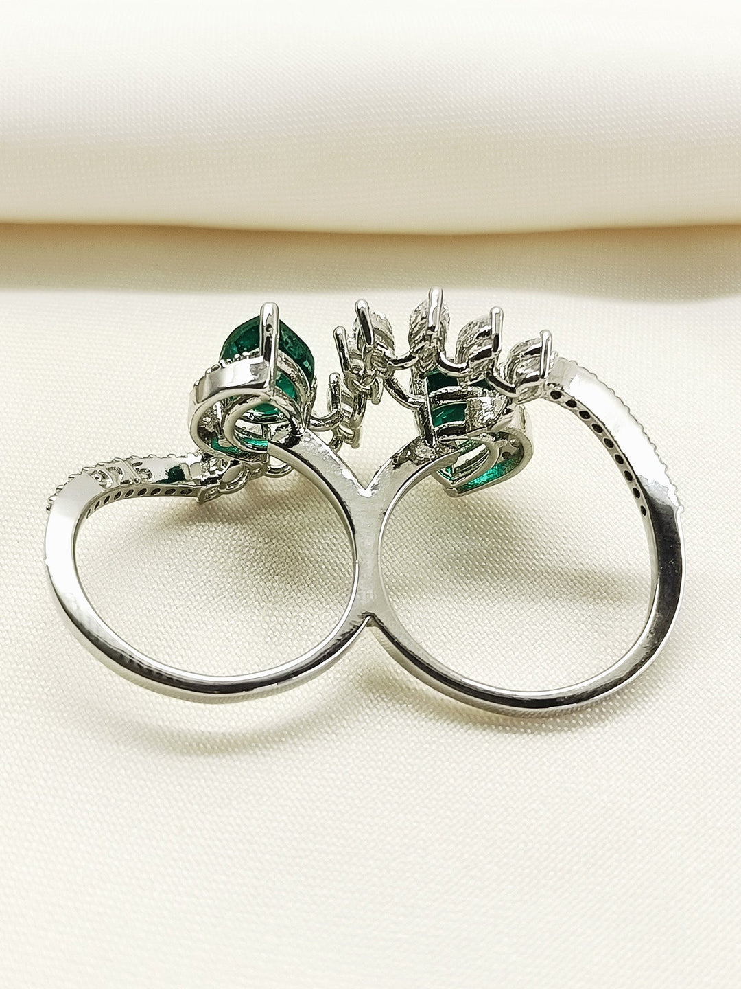 Estelle Green 92.5 Silver American Diamond Double Finger Ring - qivii