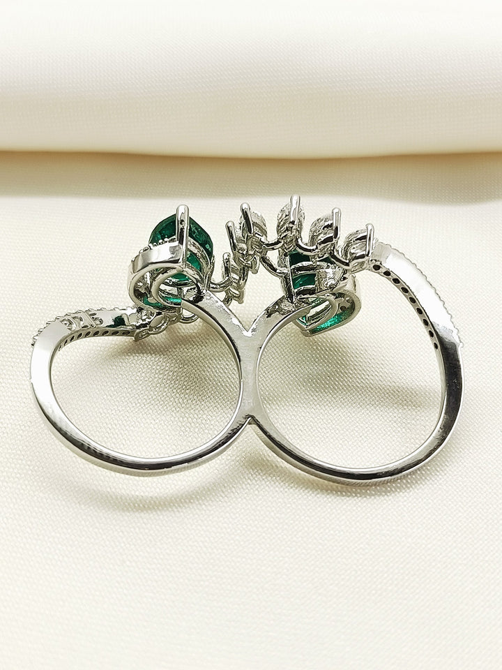 Estelle Green 92.5 Silver American Diamond Double Finger Ring - qivii