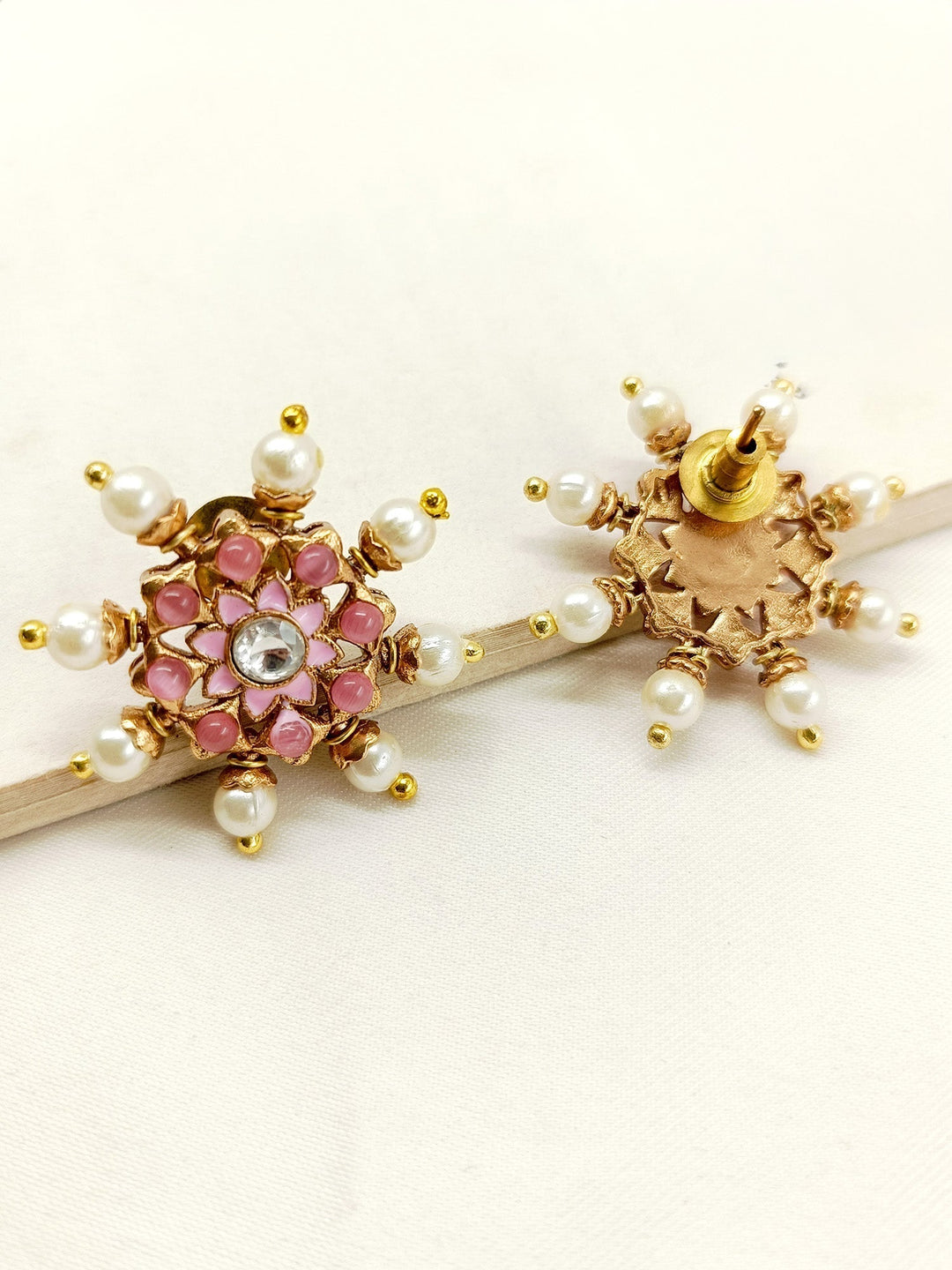 Traditional Indian Meenakari Matte Gold Tops with Pink Stone Embellishments