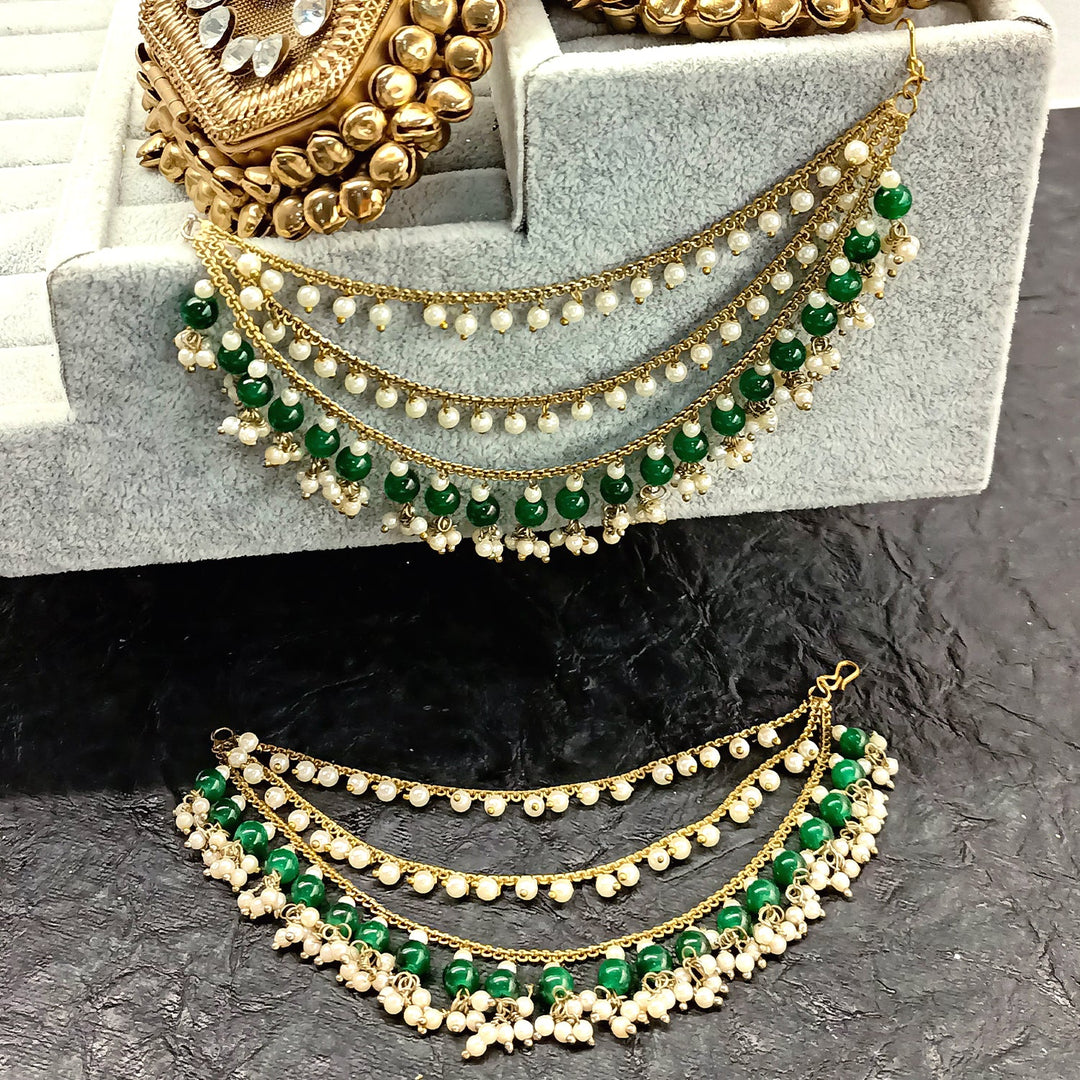 Manpreet Green Emerald Gold Plated Ear Chain - qivii