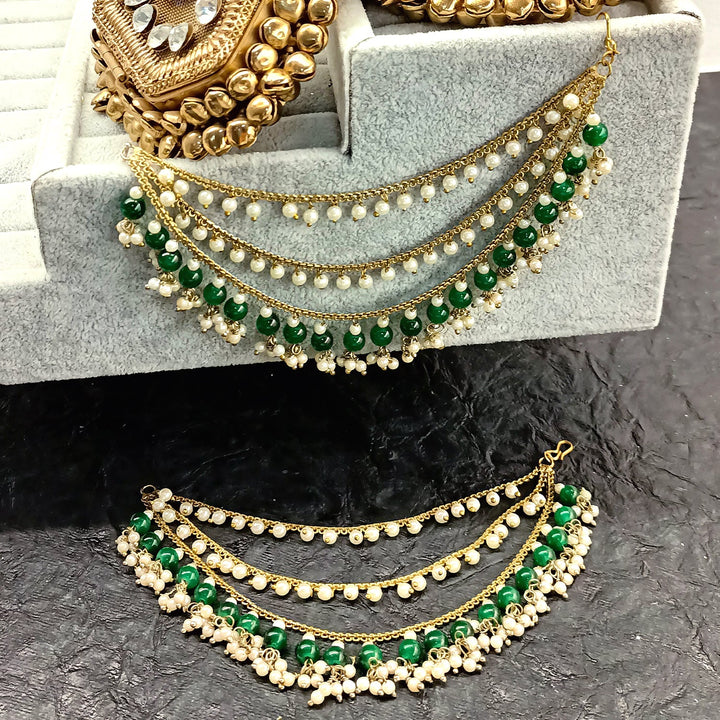 Manpreet Green Emerald Gold Plated Ear Chain - qivii