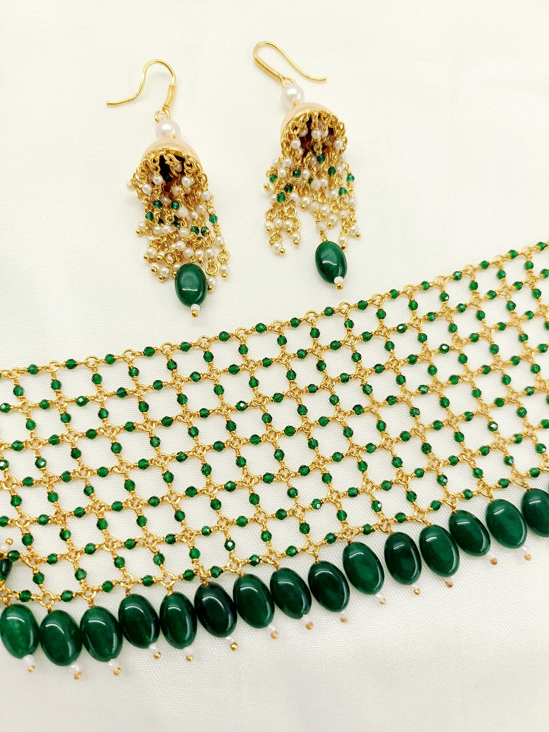 Dropati Green Beads Necklace Set - qivii