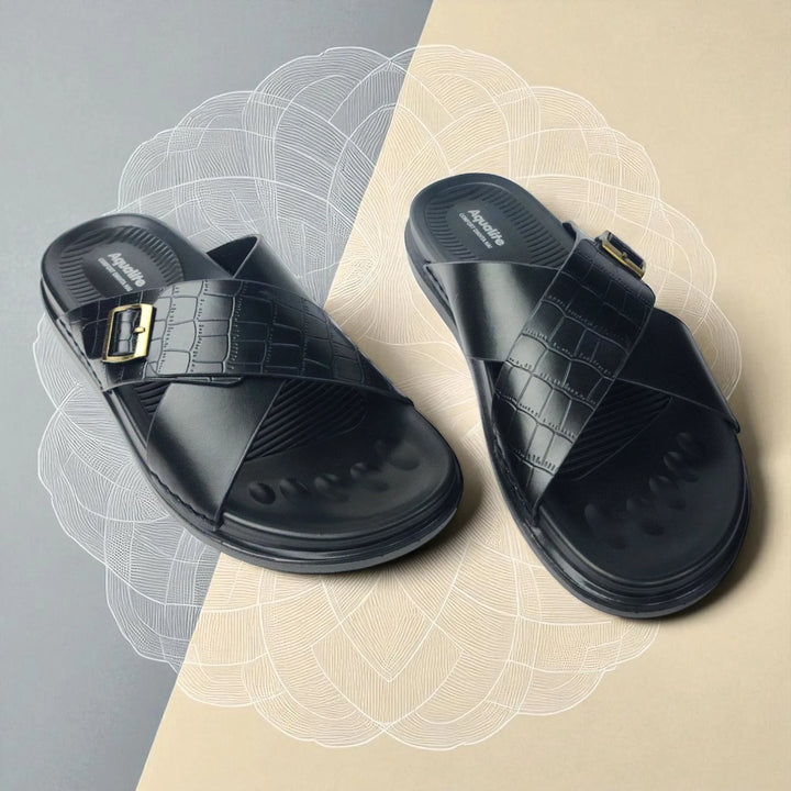 AQUALITE PG2123 BLACK Men's Chappal/Flip flop/ Slipper/Extra Soft Chappal/Slipper Ethnic Wear Leather With Adjustable Buckle Strap/Navratri Fashion Footwear. - qivii