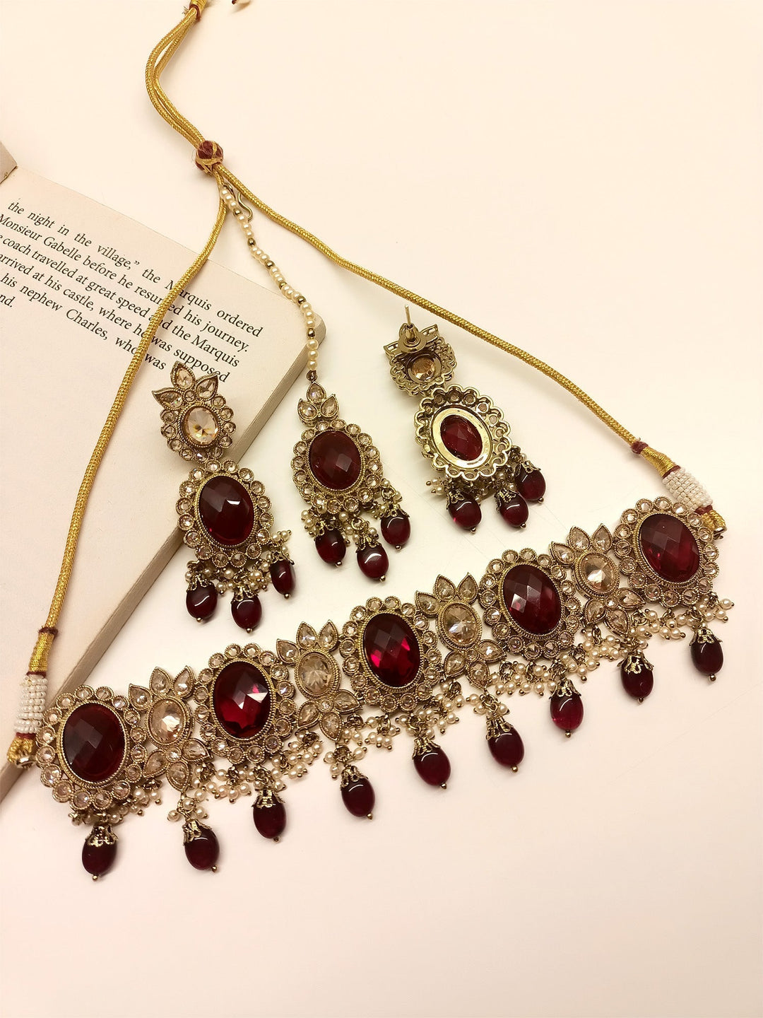  Elegant Maroon Polki Choker Set with Stunning Pearl Hanging