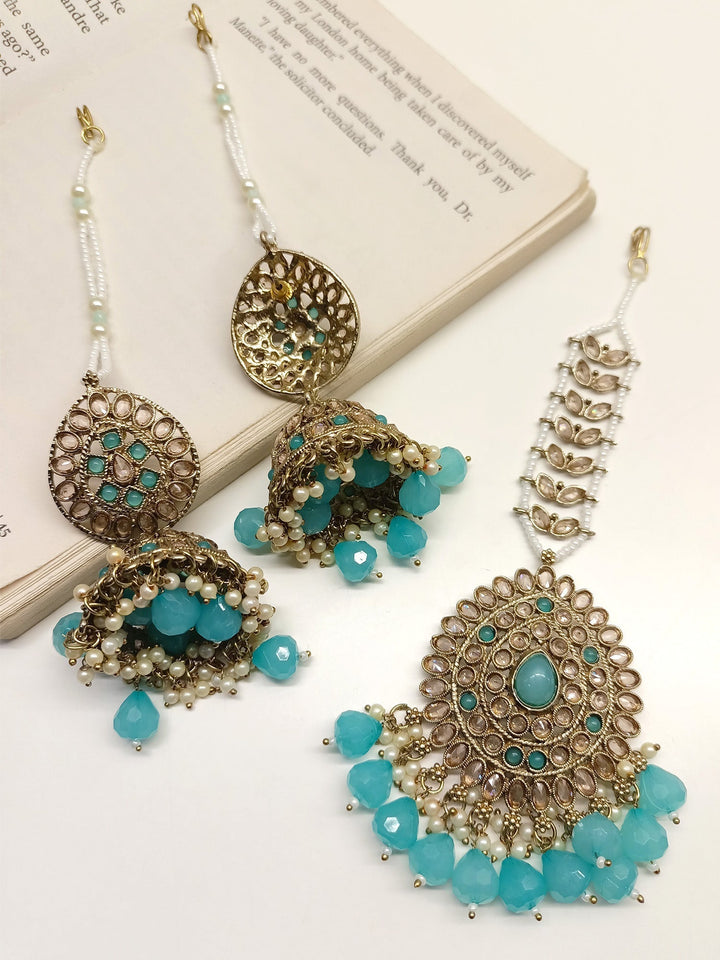 Shivi Sky Blue Polki Jhumki With Teeka - qivii