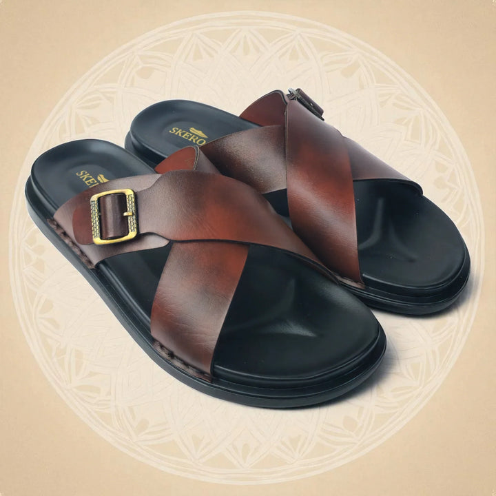 SKEROO 6408 Men's BROWN Chappal/Flip flop/Slipper Extra Soft Chappal Slipper Ethnic Wear Leather With Adjustable Buckle Strap Navratri Fashion Footwear - qivii
