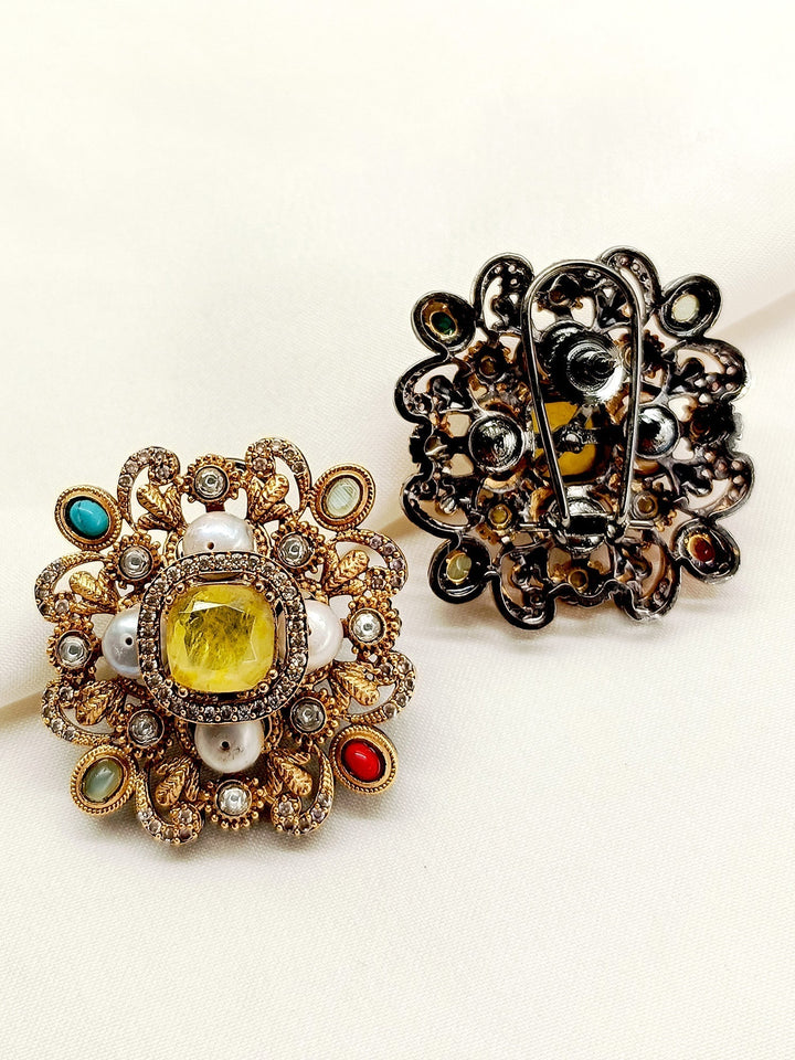  Elegant Viha Navaratna Victorian Tops with traditional craftsmanship, featuring intricate gold and black polish brass metal, and exquisite Navaratna stones back clip-on