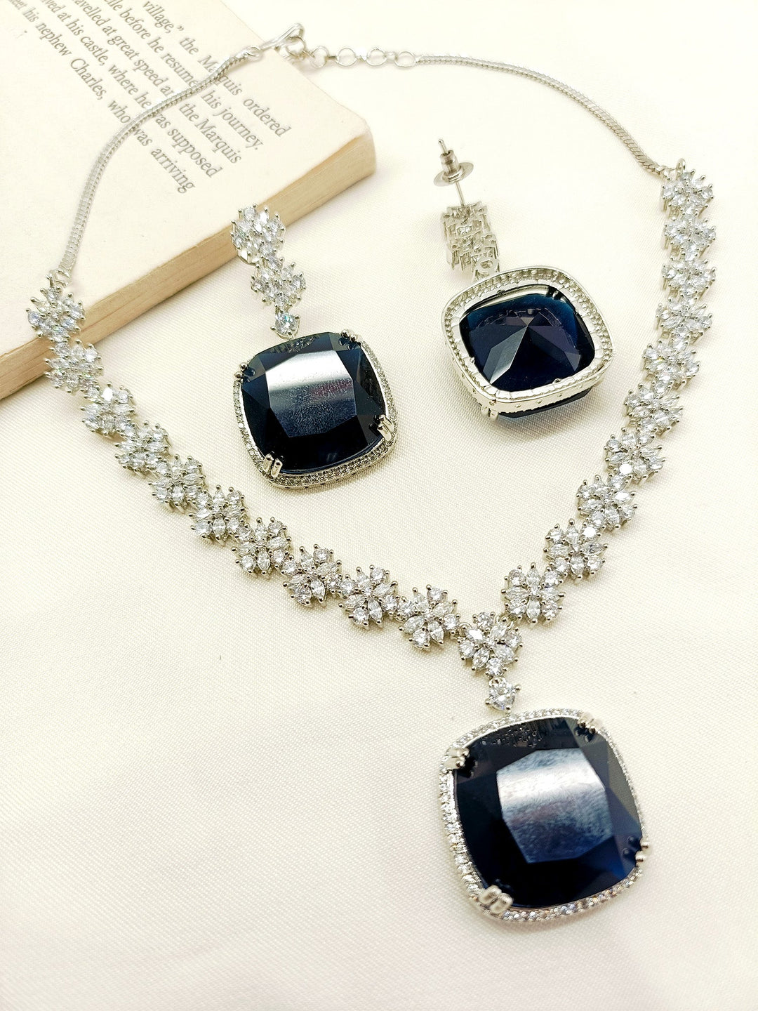 Jigya Navy Blue American Diamond Necklace Set - qivii