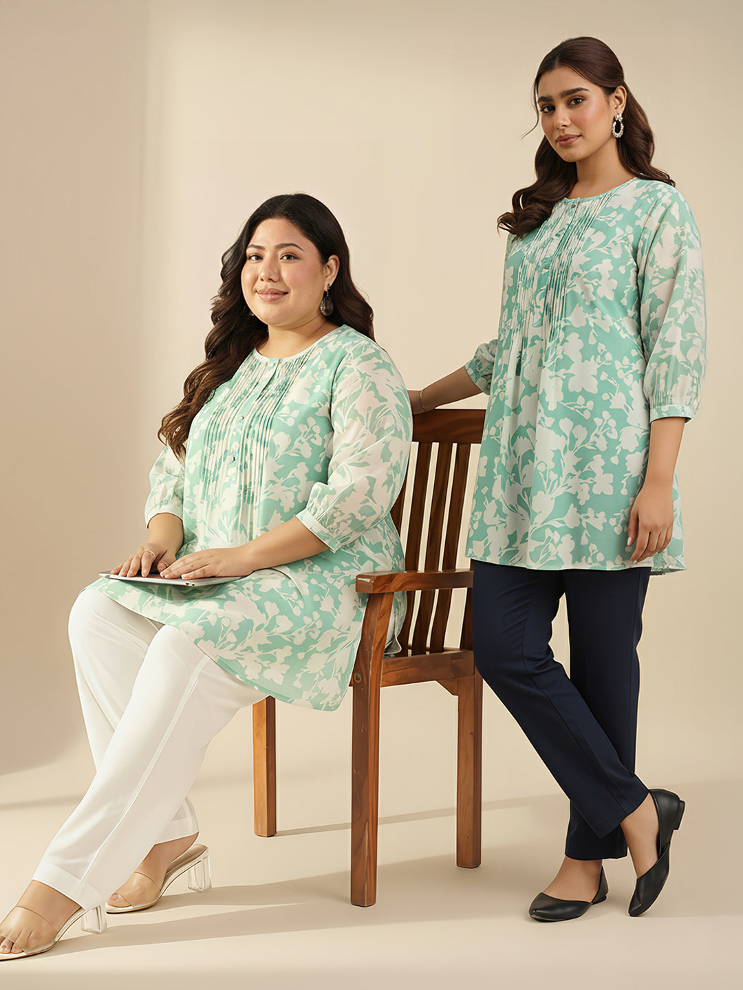 Green Georgette Floral Printed A-Line Tunic - qivii
