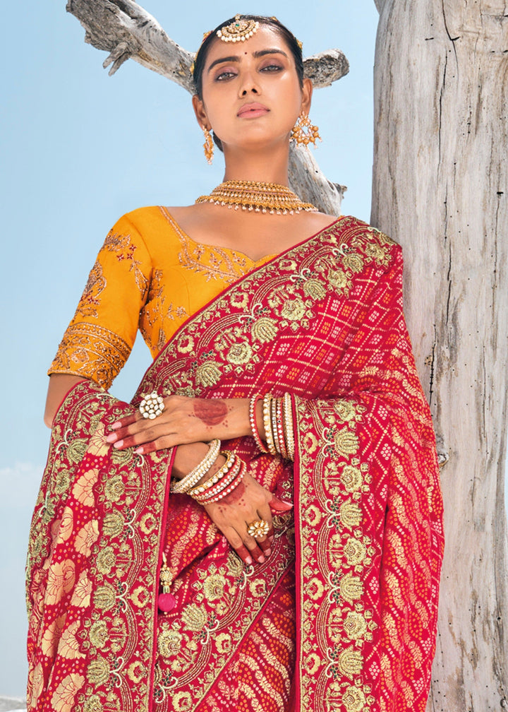 Cherry Red Pure Georgette Bandhani Patola With Zari Weaving Heavy Work Saree - qivii