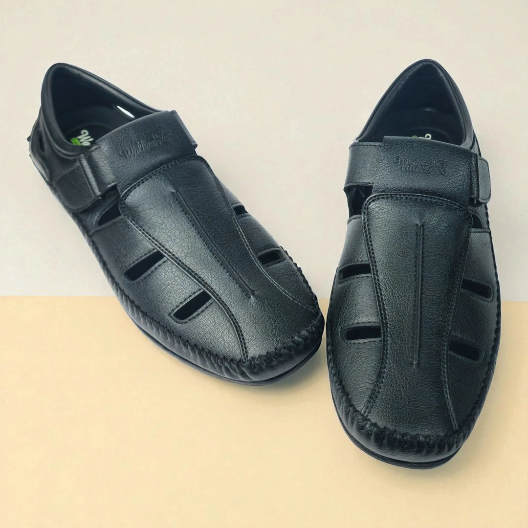 P&G N1404 Men's BLACK Slipon Sandal Extra Soft Sandal/Mojri/Ethnic Wear Leather With Adjustable Strap/Navratri Fashion Footwear. - qivii
