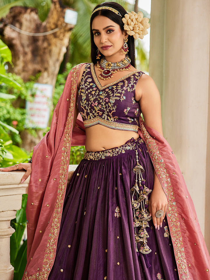 Burgundy - Satin Sequinse embroidery Semi-Stitched Lehenga choli & Dupatta - qivii