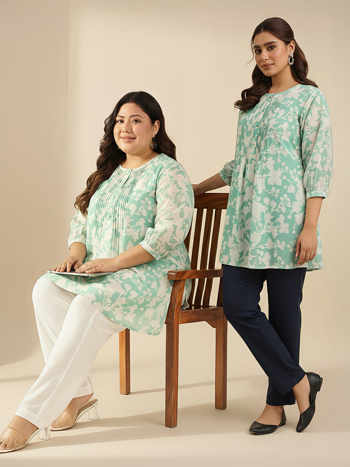 Plus Size Green Georgette Floral Printed A-line Tunic - qivii