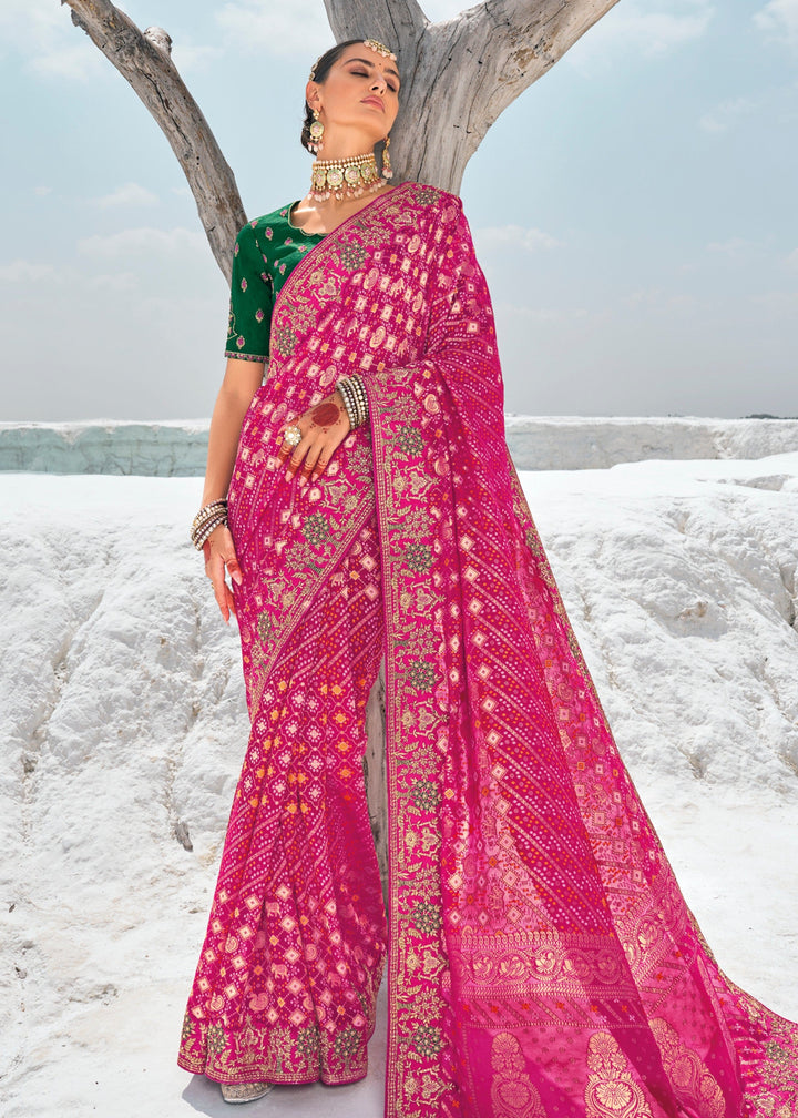 Barbie Pink Pure Georgette Bandhani Patola With Zari Weaving Heavy Work Saree - qivii