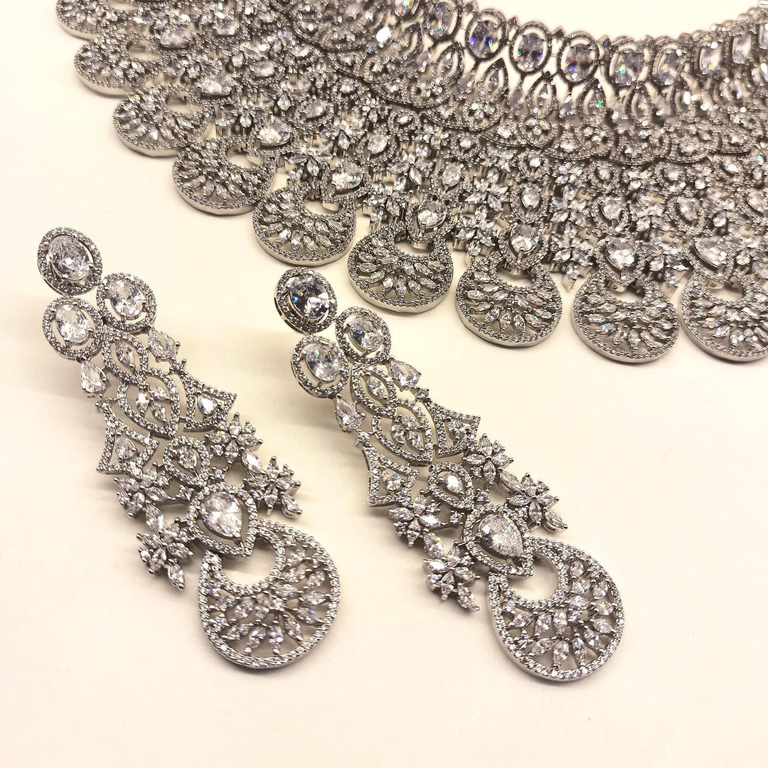 Rukhsaar Bridal Look American Diamond Necklace Set with intricate design and sparkling stones