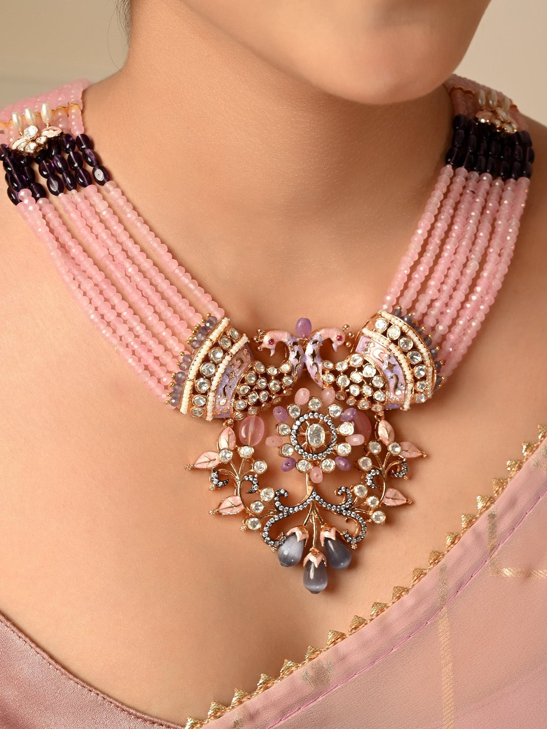  Luxurious and timeless Pink Kundan Necklace Set with gold plated brass metal and peacock motifs for special occasions 