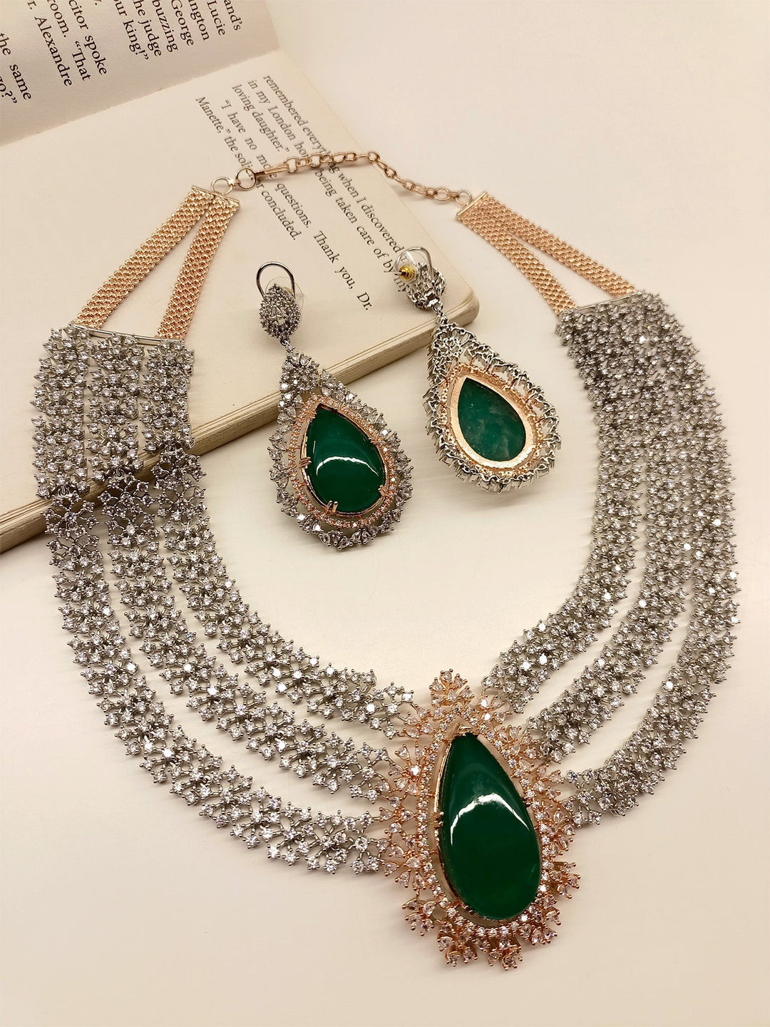 Nishika Green American Diamond Necklace Set - Elegant green necklace with sparkling diamond accents