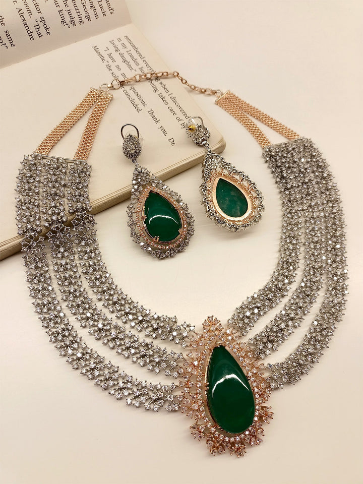 Nishika Green American Diamond Necklace Set - Elegant green necklace with sparkling diamond accents