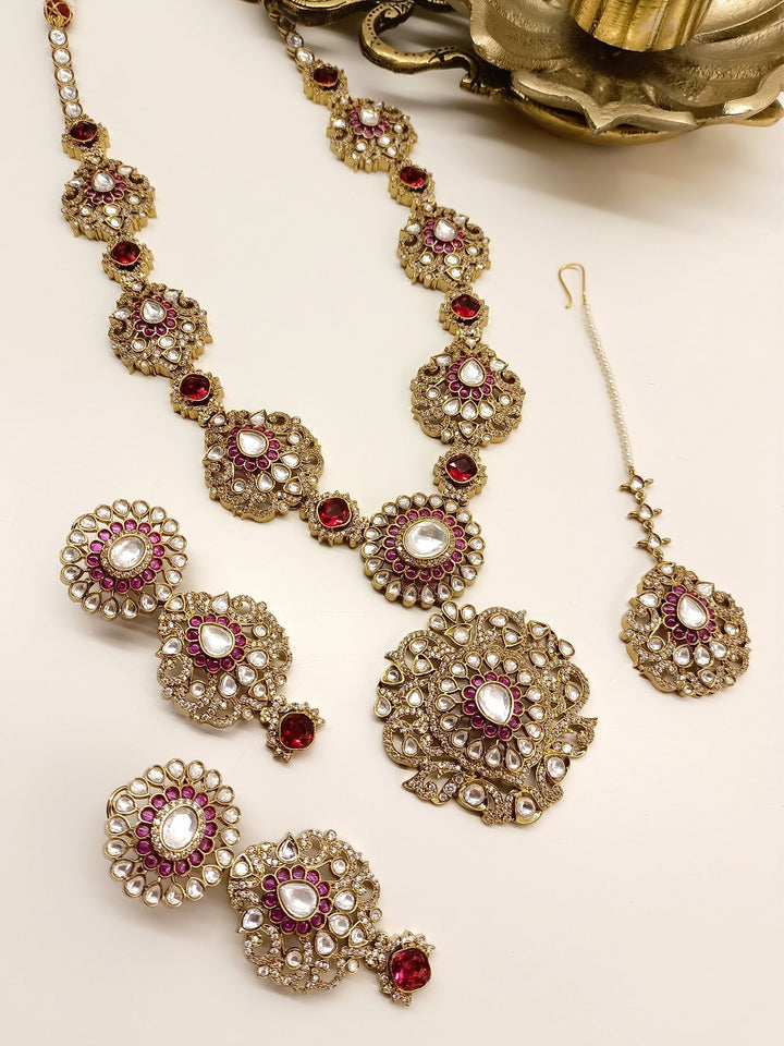 Bishakha Ruby Kundan Polki long Necklace Set - qivii