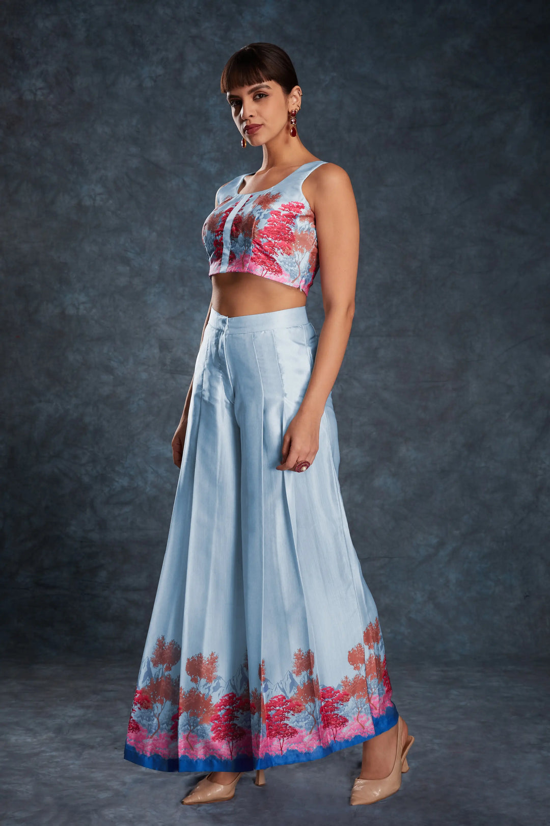 Sky Blue Printed Satin Co-ord Set - qivii