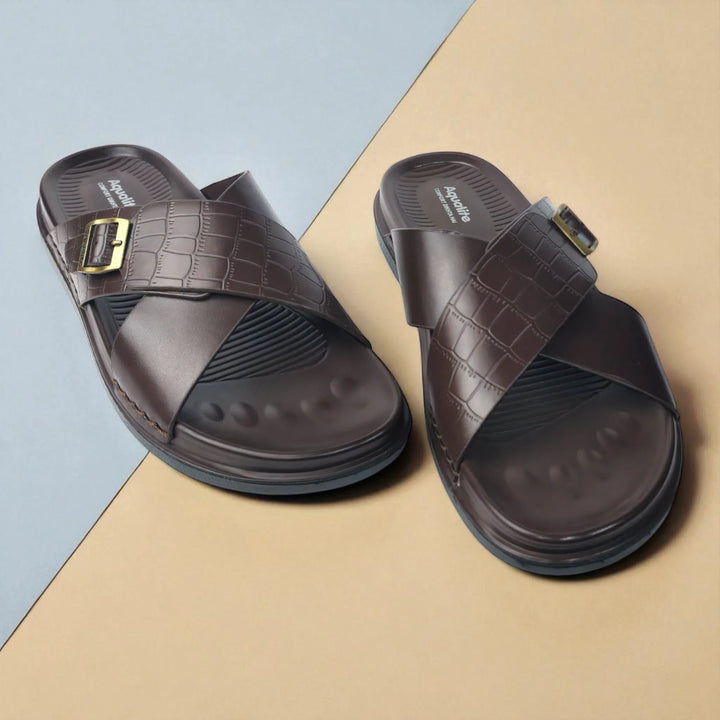 AQUALITE PG2123 BROWN Men's Chappal/Flip flop/ Slipper/Extra Soft Chappal/Slipper Ethnic Wear Leather With Adjustable Buckle Strap/Navratri Fashion Footwear. - qivii