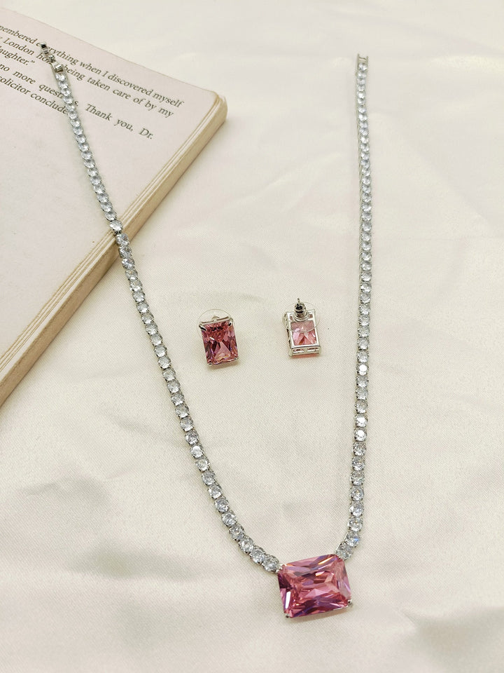 Ainsley Pink American Diamond Necklace Set - qivii