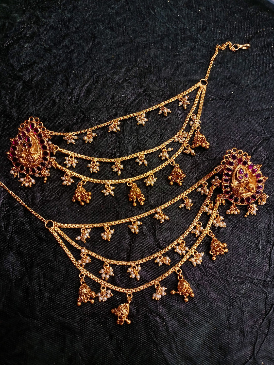 Ethnic Look Earrings with Beautifully Designed Gold Chain and Pearl Drops