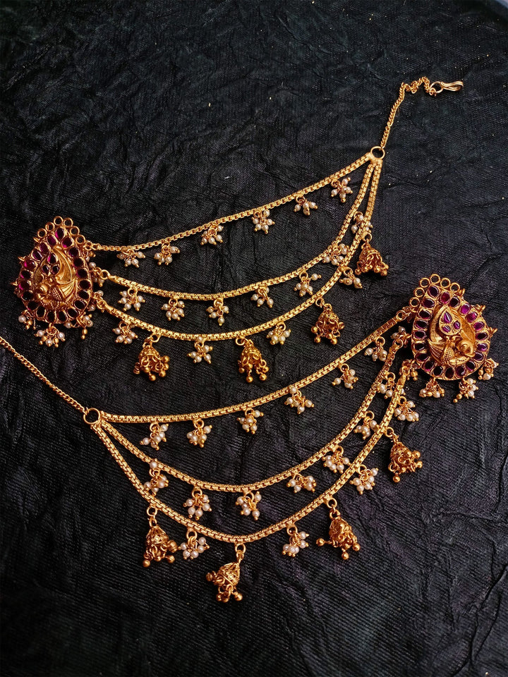 Ethnic Look Earrings with Beautifully Designed Gold Chain and Pearl Drops