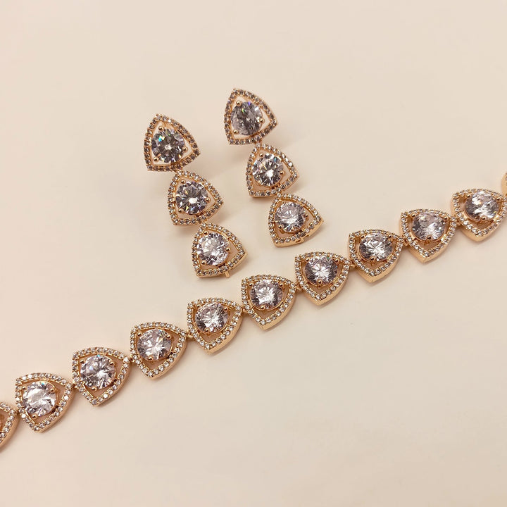 Exquisite Brass Metal Rose Gold Plated Set with American Diamond and White Stones